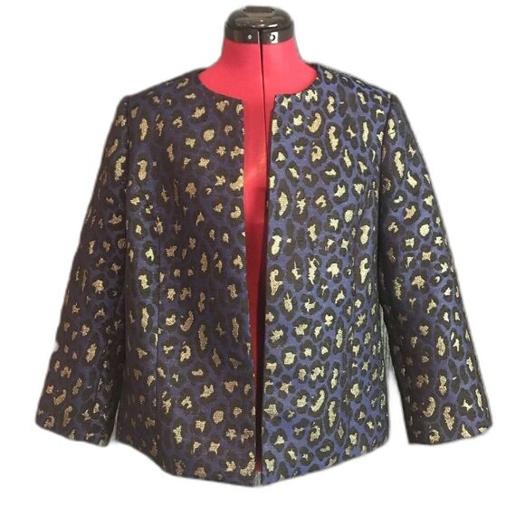 Anne Klein Blazer Women Size Large Blue/Black & Gold Animal Print Open Front NWT - Picture 1 of 9